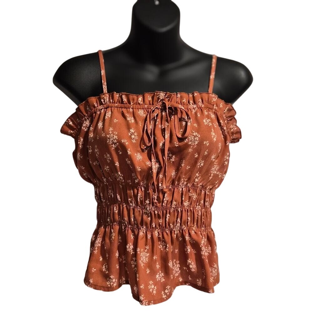 Papermoon Rust Floral Smocked Peplum Cami Top BE10979F4 Brown Small